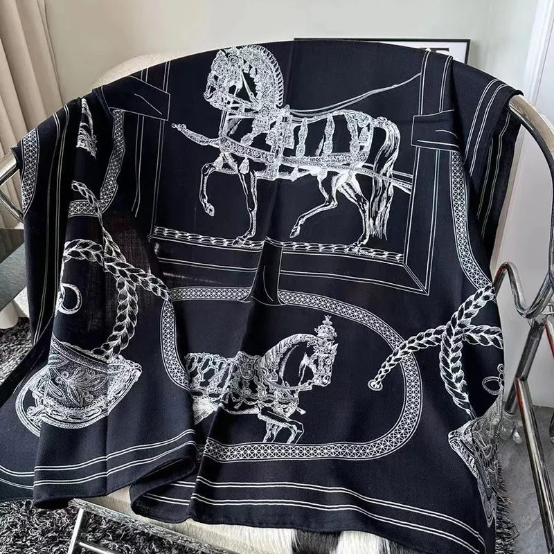 Luxurious 140*140cm Square Equestrian Digital Printed Cashmere Silk Scarf Fashion Gift for Elegant Individuals MOQ 1PC