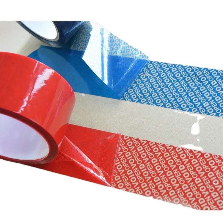 Close-up of red and blue tamper-evident seal tape with repeated VOID text