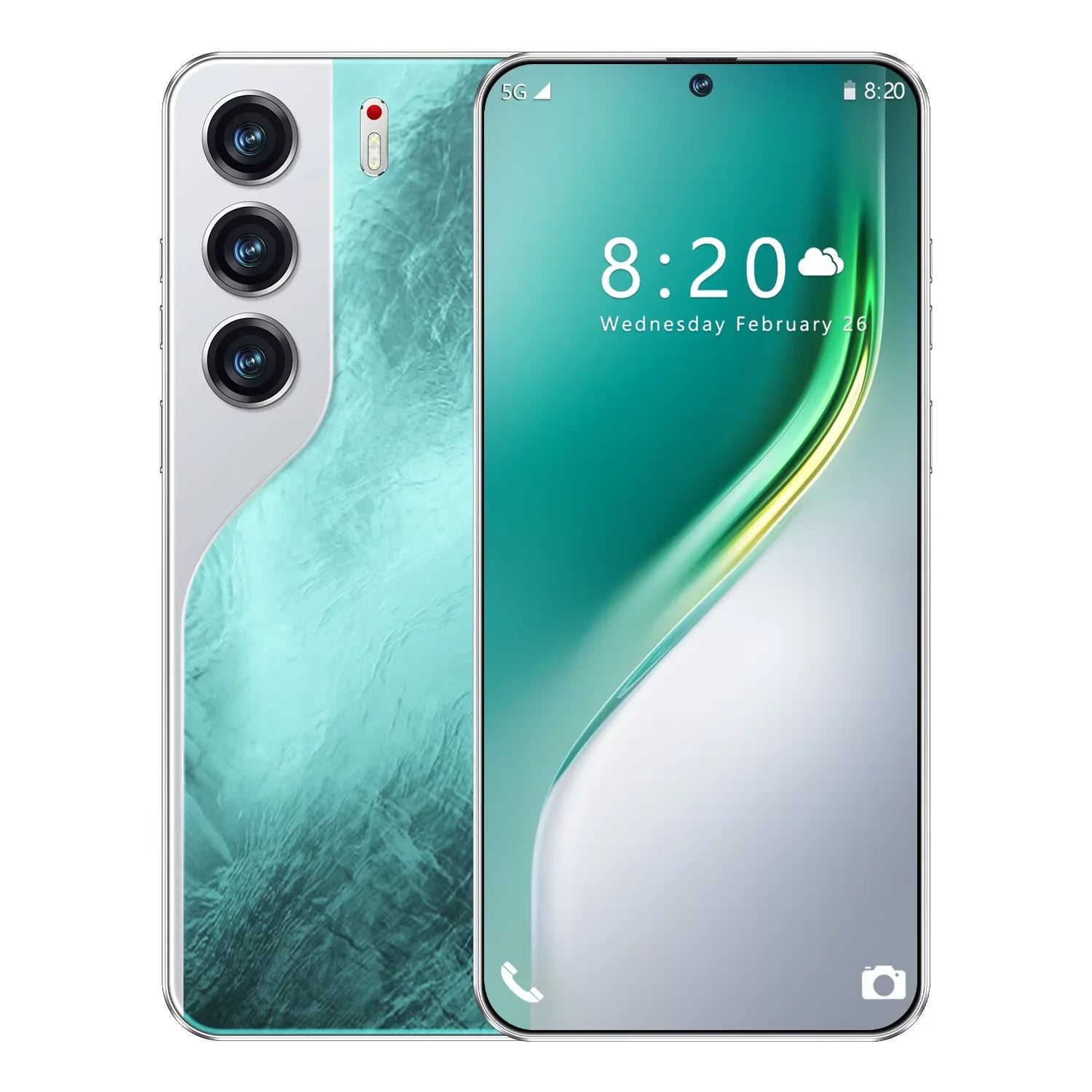 Teal smartphone back and front featuring triple rear cameras and curved screen