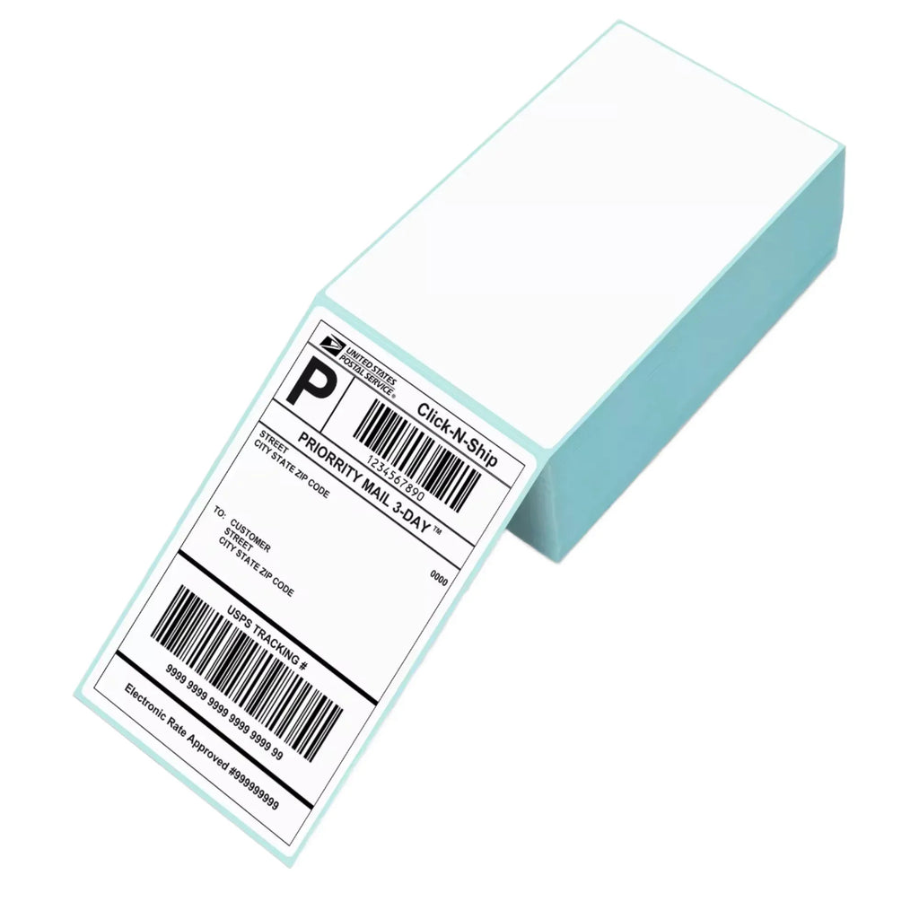 Sky blue thermal label stickers with white blank area and barcodes
