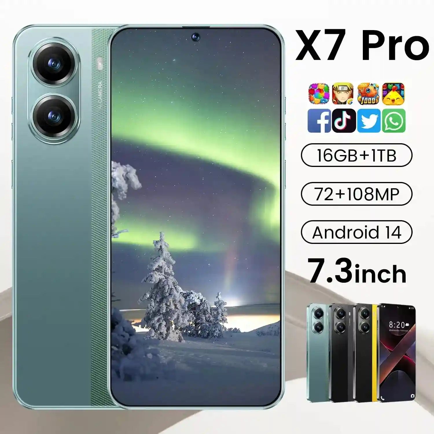 Real High Quality Mobile Phone X7 Pro 5G Smartphone Global 5G Android 14 7.3 Inch Big Screen 16+1TB X7 Pro Smart Phone Cellphone Tidesmit