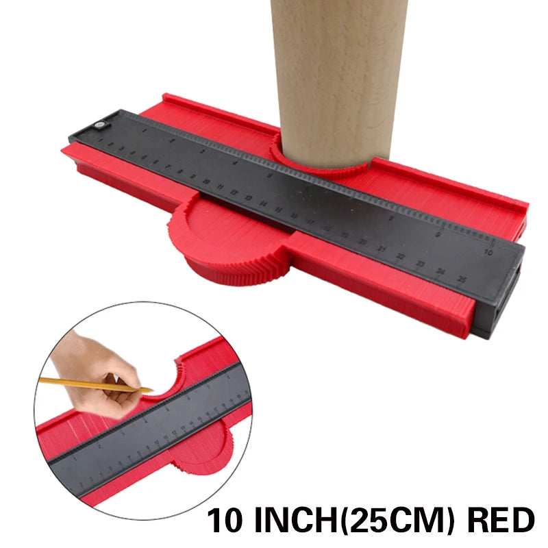10 inch red contour gauge duplicator with black measuring plate beside a wood post