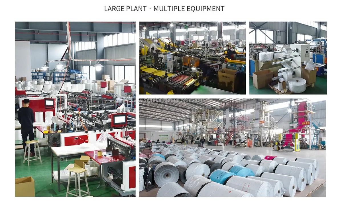 Poly mailer production workshop with packing machines and stacked materials