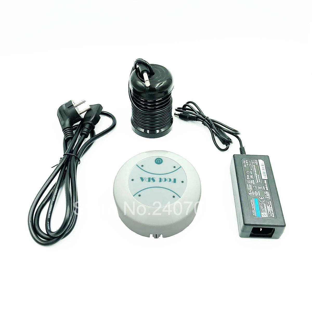 Detox ion foot spa machine set with round white controller, black ionic array, power adapter, and cords.