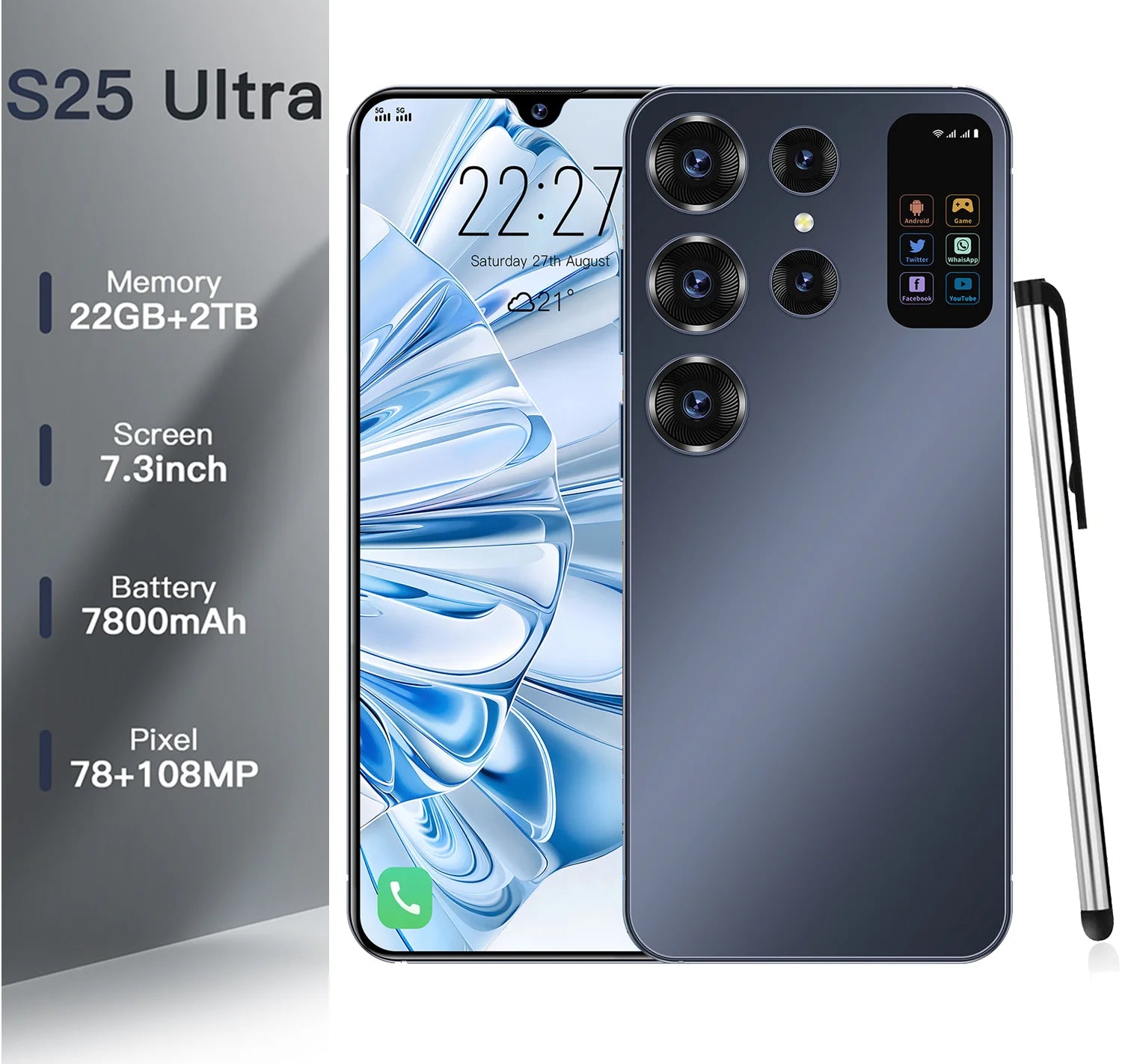 S25 Ultra 4G unlocked smartphone with 2TB storage and built-in stylus pen in full screen display design