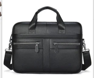 Black genuine leather designer handbag, rectangular laptop tote with dual front zip pockets and shoulder strap.