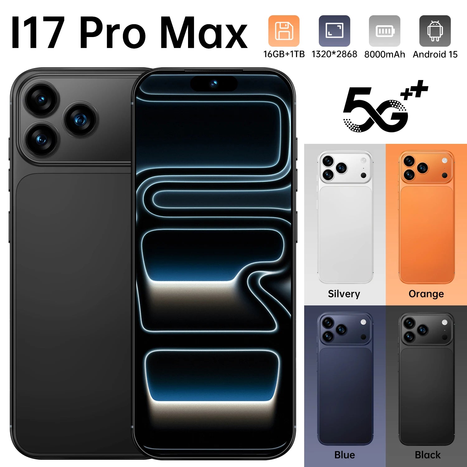 I17 Pro Max smartphone with 16GB RAM and 1TB storage showing dual SIM and global version features, side angle view.