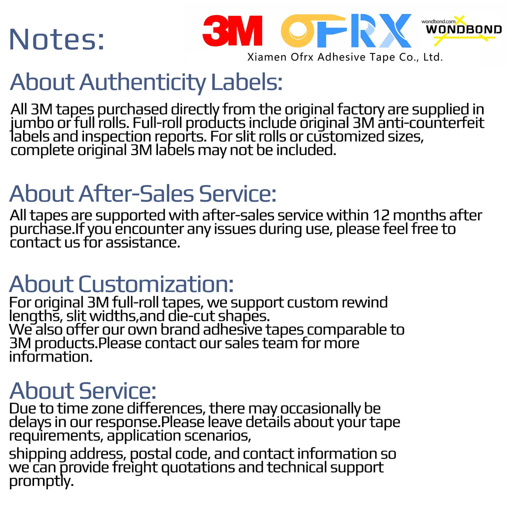 Information sheet about authenticity labels and after-sales service for 3M tape