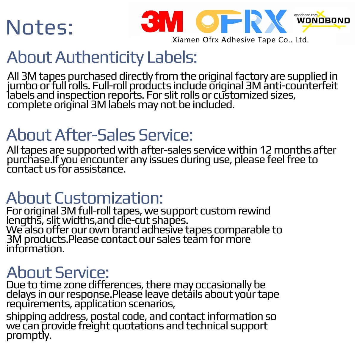 Information sheet about authenticity labels and after-sales service for 3M tape