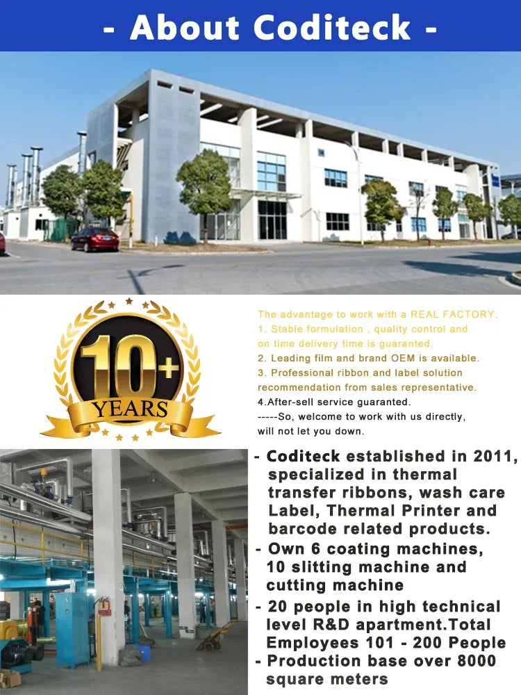 Thermal transfer ribbon jumbo roll marketing page with Coditeck factory building and badge