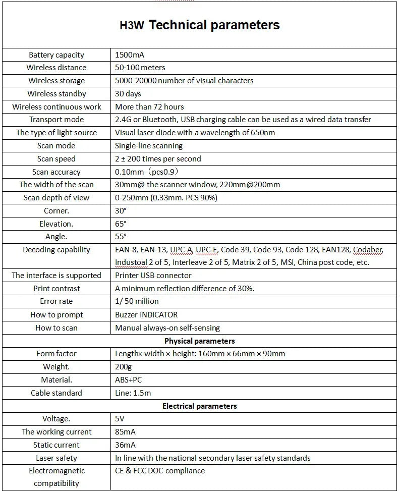 Barcode scanner technical parameters chart with specifications and dimensions