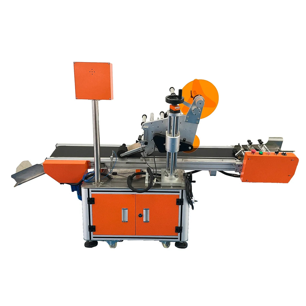 Flat label attaching machine with orange control box, dispensing roller, and side guiding arms