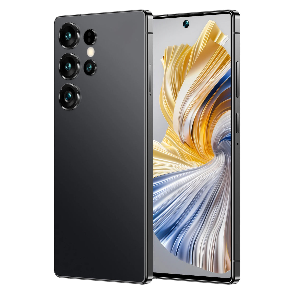 Black smartphone with triple rear cameras and front screen with gold and blue abstract waves