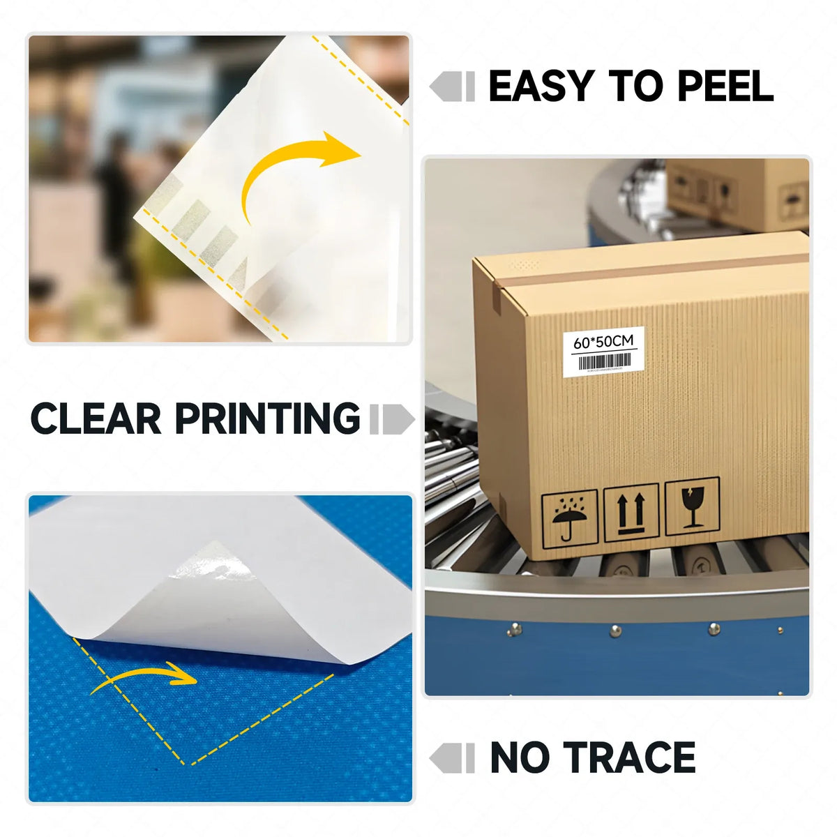 Peel-off thermal label sheet, clear printing and no-trace adhesive on surfaces