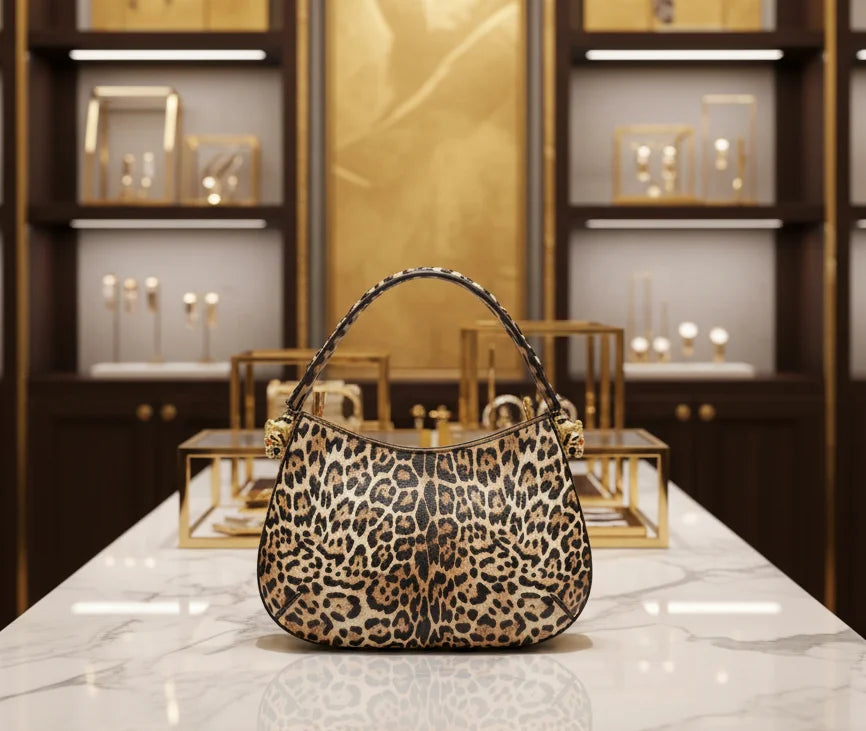 Luxury leopard print designer shoulder bag with gold tiger head accents, 32cm size. High-quality fashion handbag.