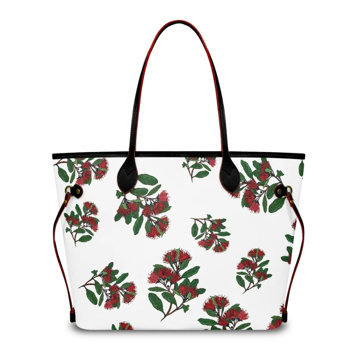 White leather tote handbag featuring a red Ohia Lehua floral pattern, black handles, and large capacity luxury design.