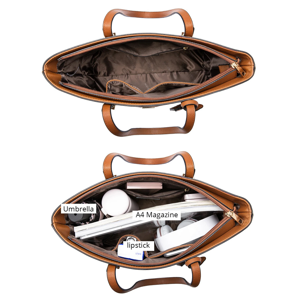 LOVEVOOK tan PU leather designer tote bag, large capacity interior with zip pockets, organized for A4 items and daily.