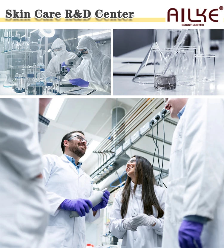 AILKE R&D center, organic, vegan skin brightening set for acne, dark spots, and radiant skin in a lab environment.