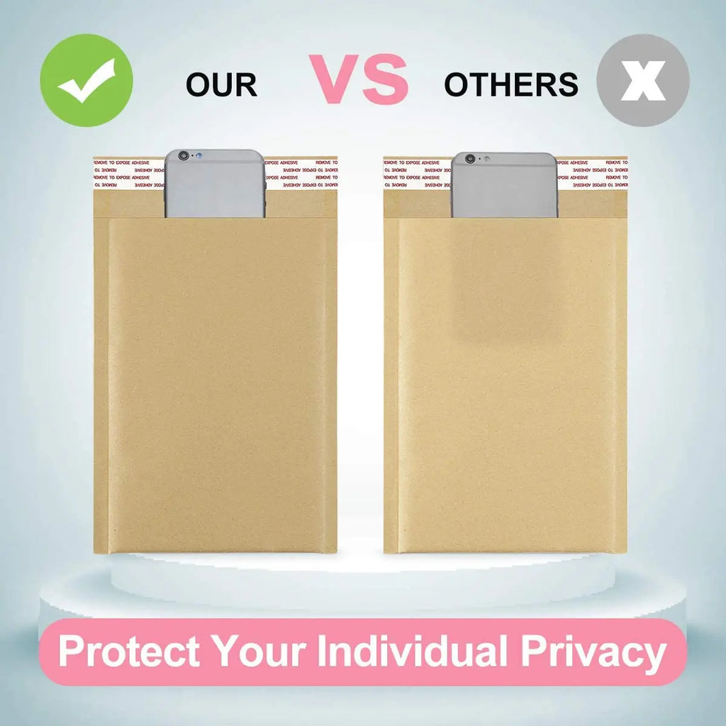 Two brown kraft padded mailer envelopes shown side by side with a phone on top