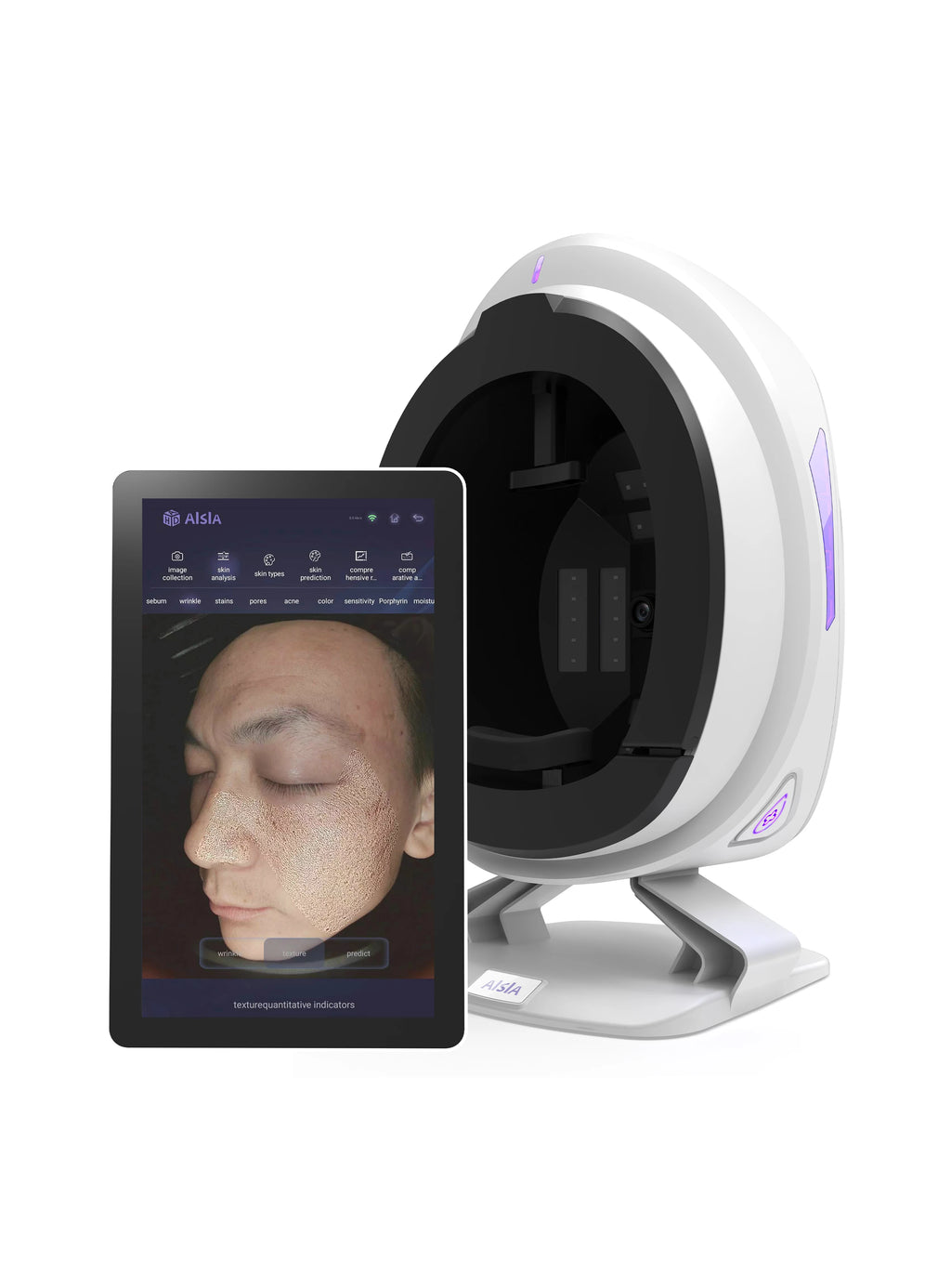 White smart facial skin analysis device with tablet display showing skin texture, pores, and anti-aging scan data.