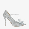 Handmade Embroidered Genuine Leather Sexy Designer Crystal Sandals Stiletto Wedding Shoes Silver Crystal Pointy Toe Bridal Pumps