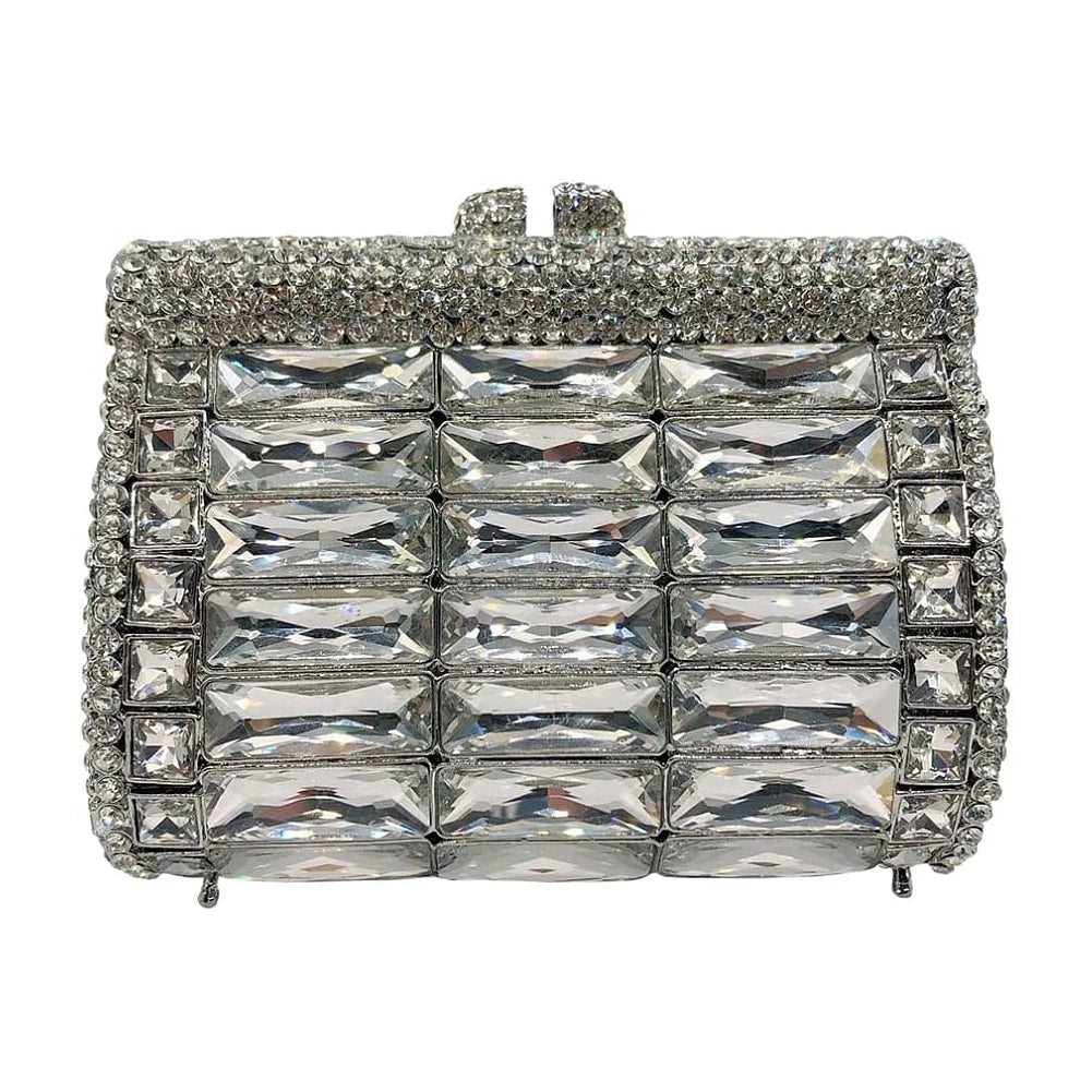 Silver evening clutch featuring large rectangular crystals and pavé rhinestones for a luxury wedding handbag style.
