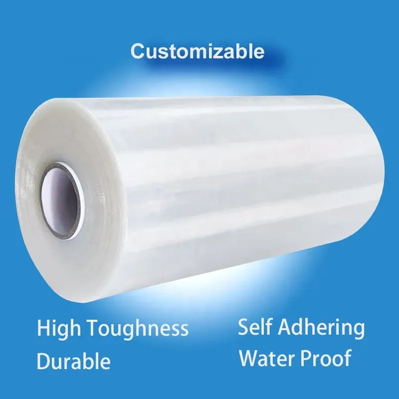 Clear BOPP packaging tape roll with visible core, adhesive-sided tape for sealing boxes.