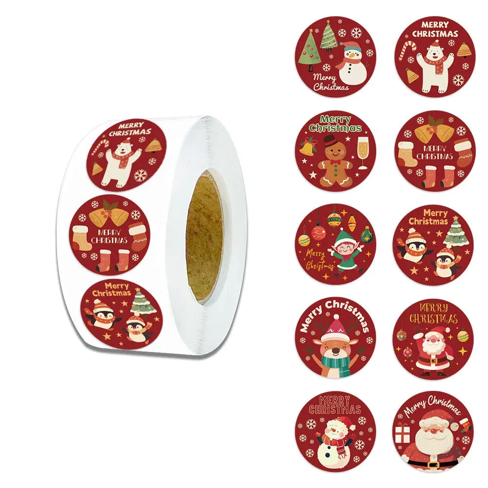 Roll of round Merry Christmas stickers on adhesive backing, red circular assorted designs