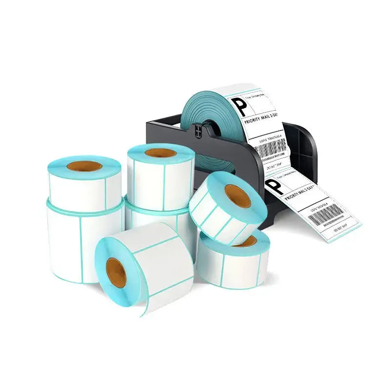 Thermal label rolls with white labels and teal edges, multiple roll cores shown