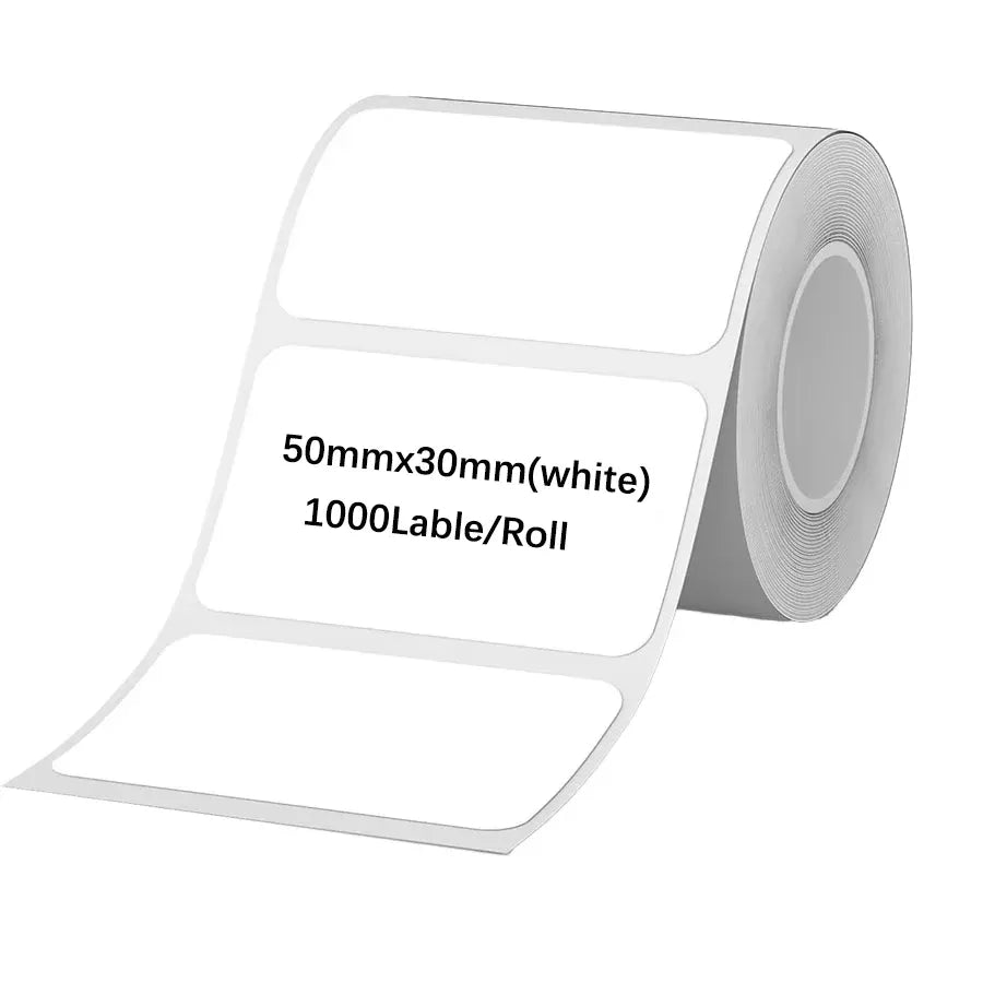 White thermal label sticker roll, blank 50x30mm labels on a dispenser roll