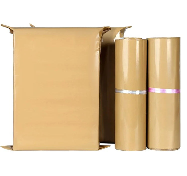 Waterproof poly mailer bag in glossy khaki with self-seal strip, plus rolled liners