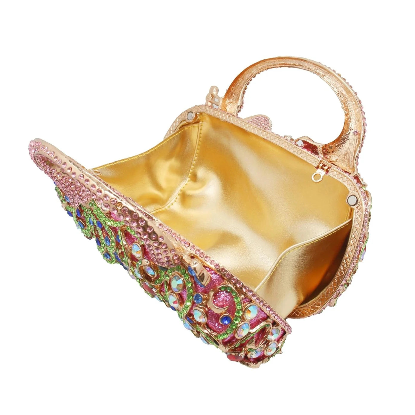 Designer handbag: open luxury peacock clutch with multicolor rhinestones, gold frame, and handle for evening events.