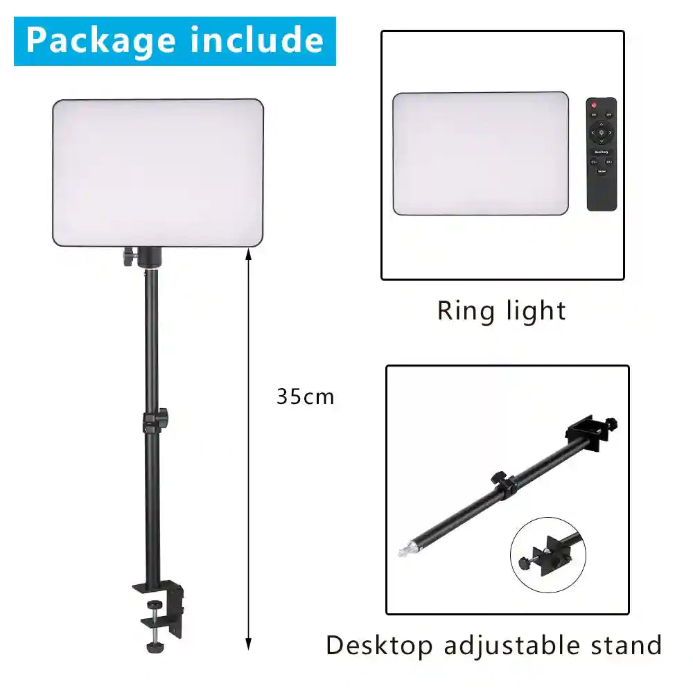 Rectangular LED panel light with remote control and 35cm adjustable metal desk clamp stand for video lighting.