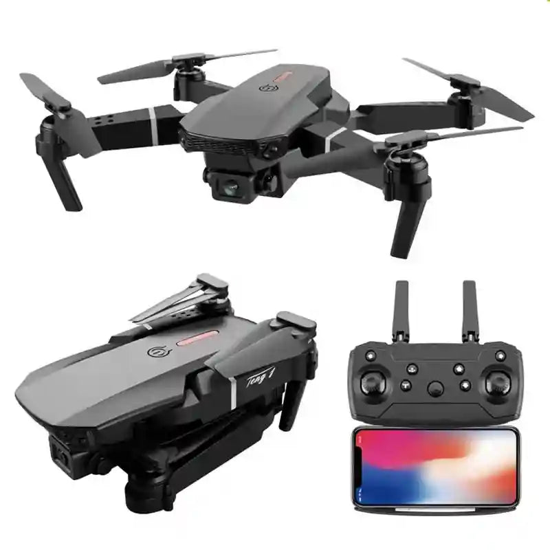 Teng 1 black foldable quadcopter drone with camera, remote controller, and smartphone mount for aerial photography.