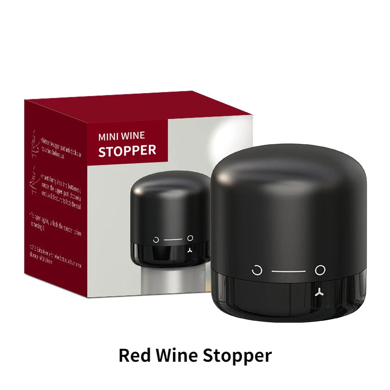 Black vacuum wine stopper with lock control, shown with retail box
