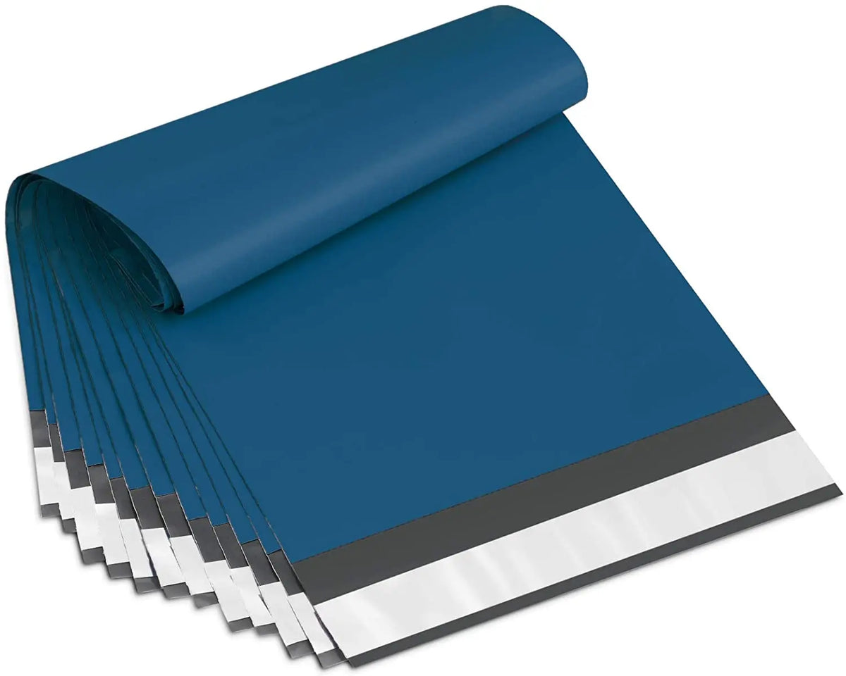 Blue poly mailer bags stack with silver strip seal
