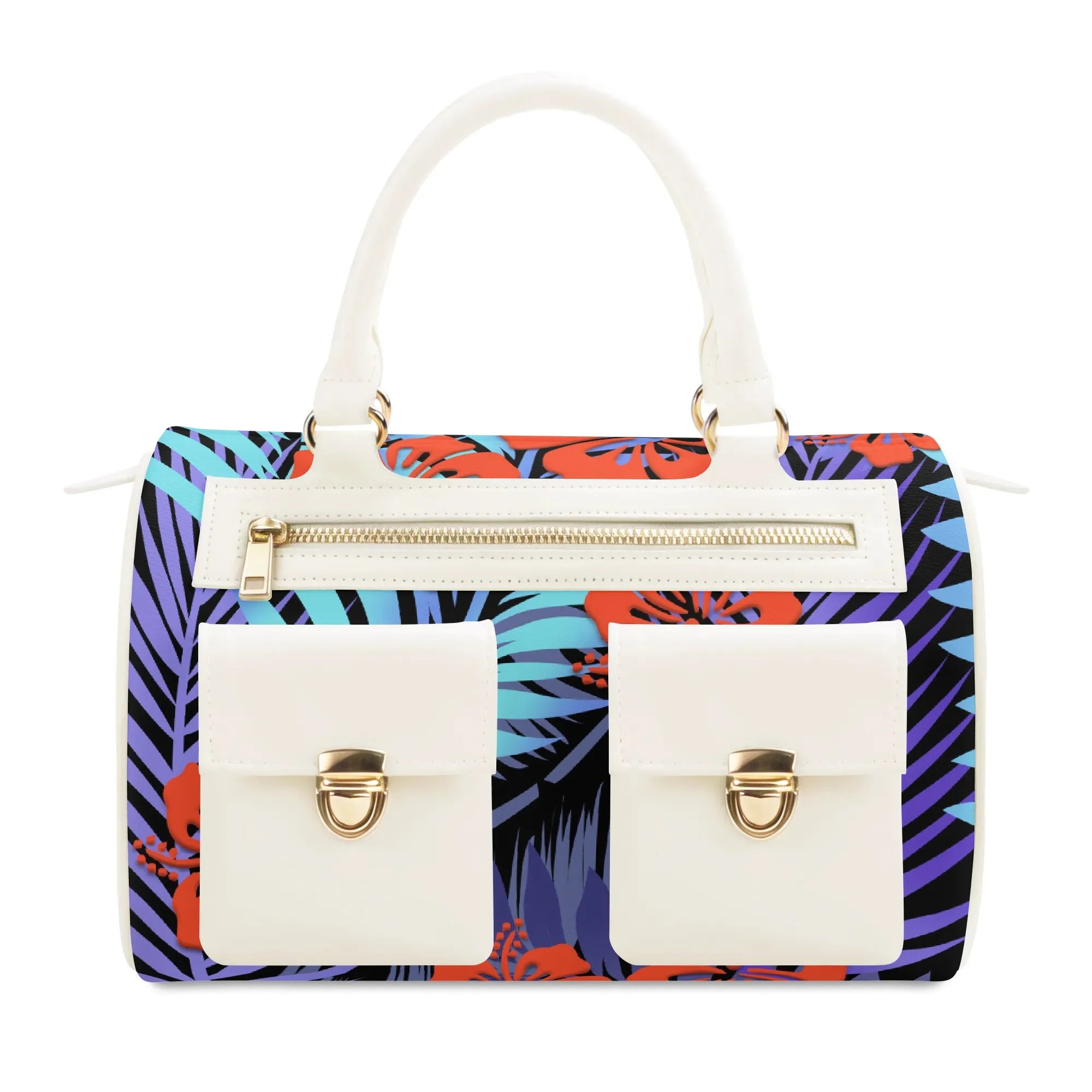 White designer PU leather tote with front pockets, gold hardware, and tropical floral hibiscus print.