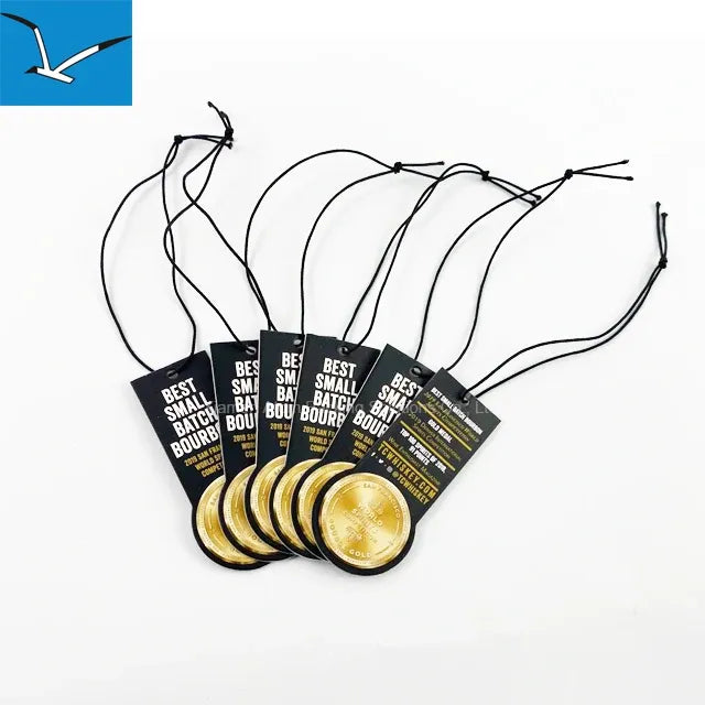 Hanging string labels in dark style for bottle marking, multiple pieces in a set