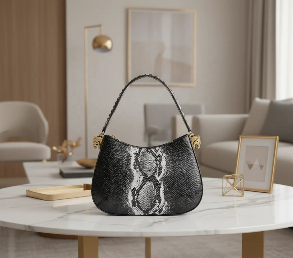 32cm black and white snakeskin print shoulder bag with gold hardware, luxury designer style ladies' handbag.