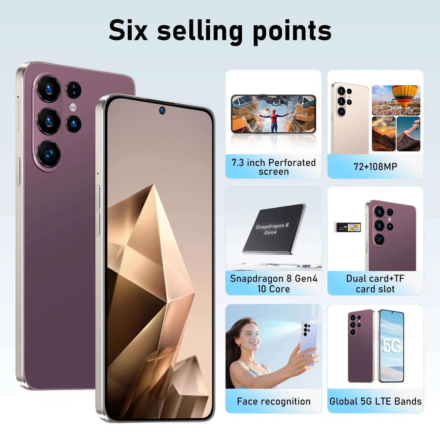 S26 Ultra 5G smartphone with 7.3-inch screen, 16GB RAM, 1TB storage, 108MP camera, and 7800mAh battery