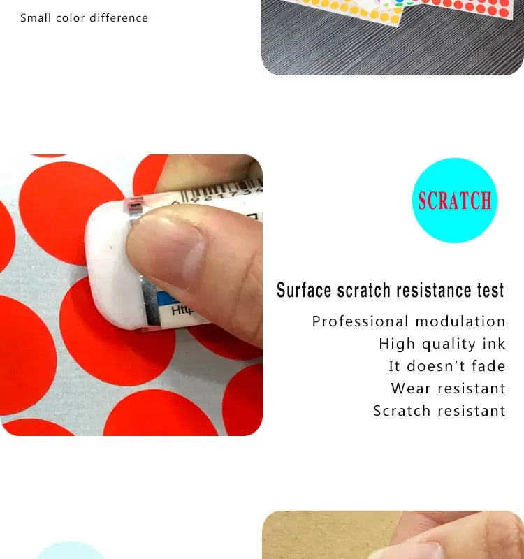 Red dot sticker sheet with close-up fingertip scratch-resistance test on dots