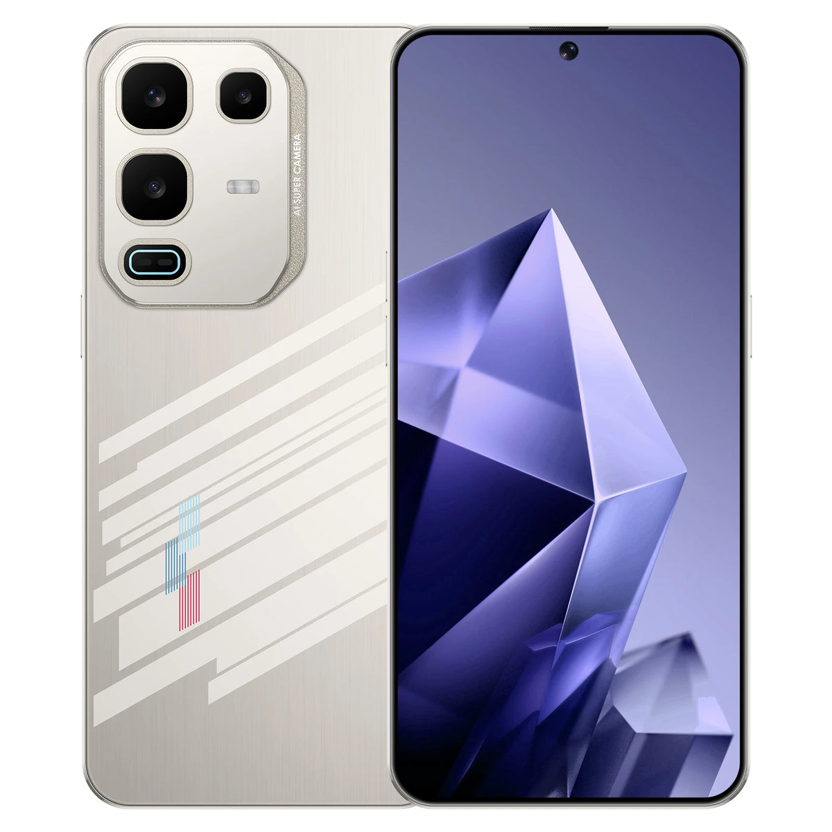Silver smartphone with triple rear cameras and side fingerprint sensor, front and back view