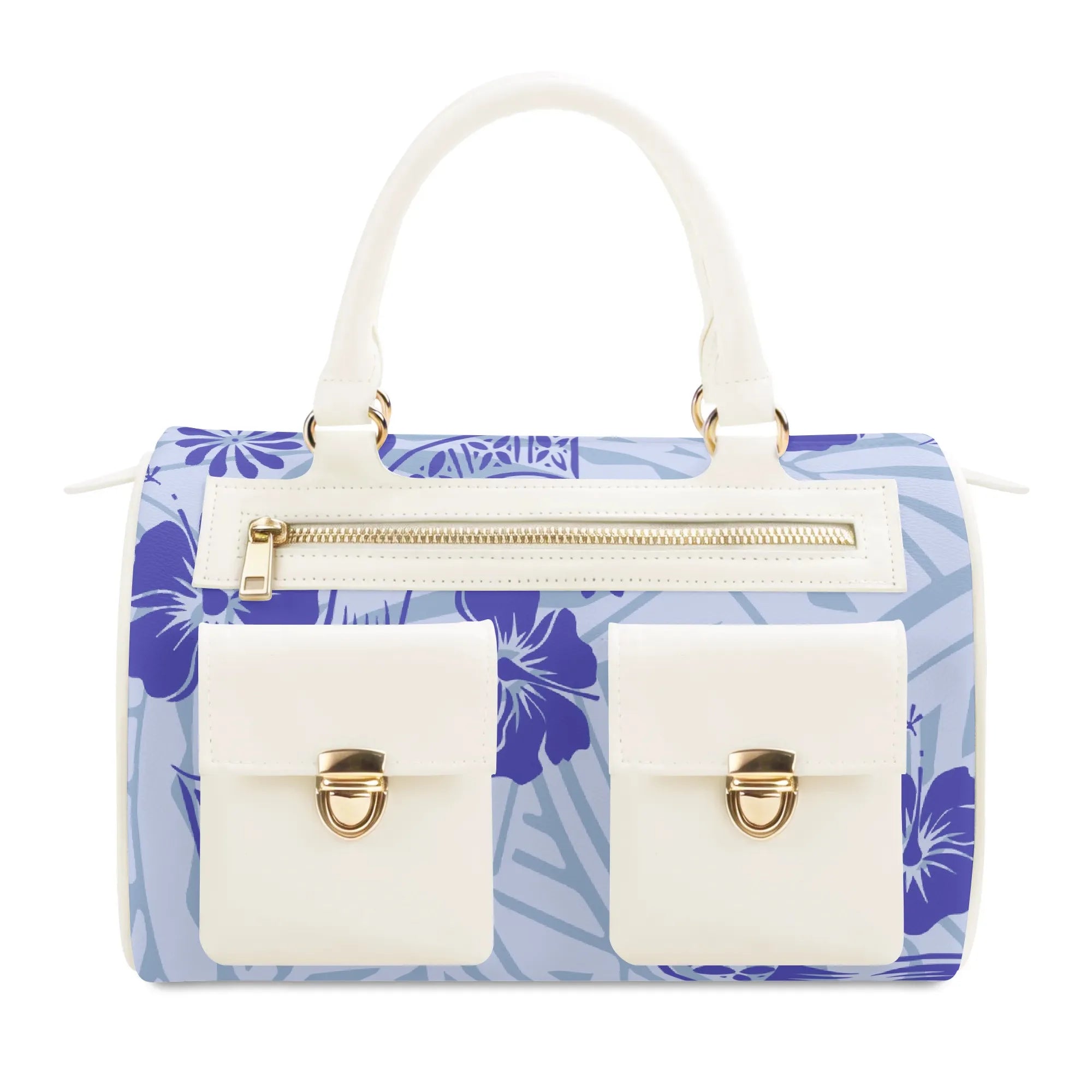 White and blue floral PU leather designer tote bag with front pockets, gold hardware, and zipper closure.