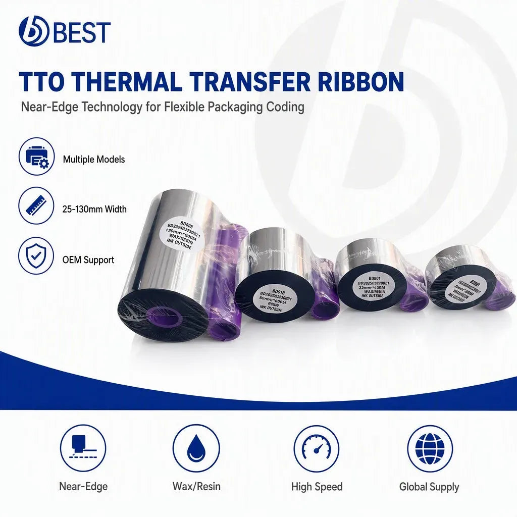 Black thermal transfer ribbon rolls with purple inner core and visible product labels