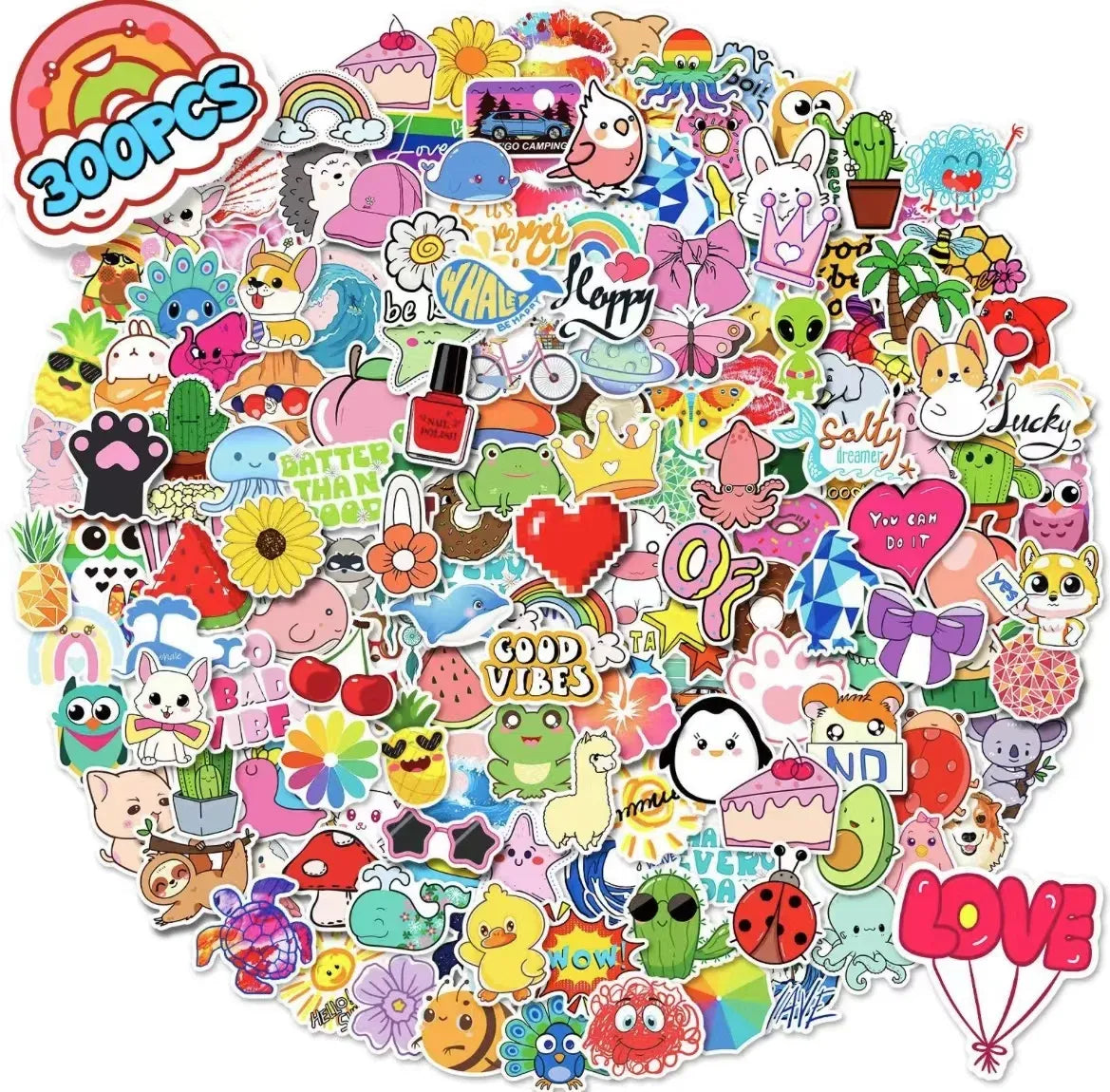 Set of 300 cute vinyl waterproof stickers, colorful animals, hearts, flowers and more