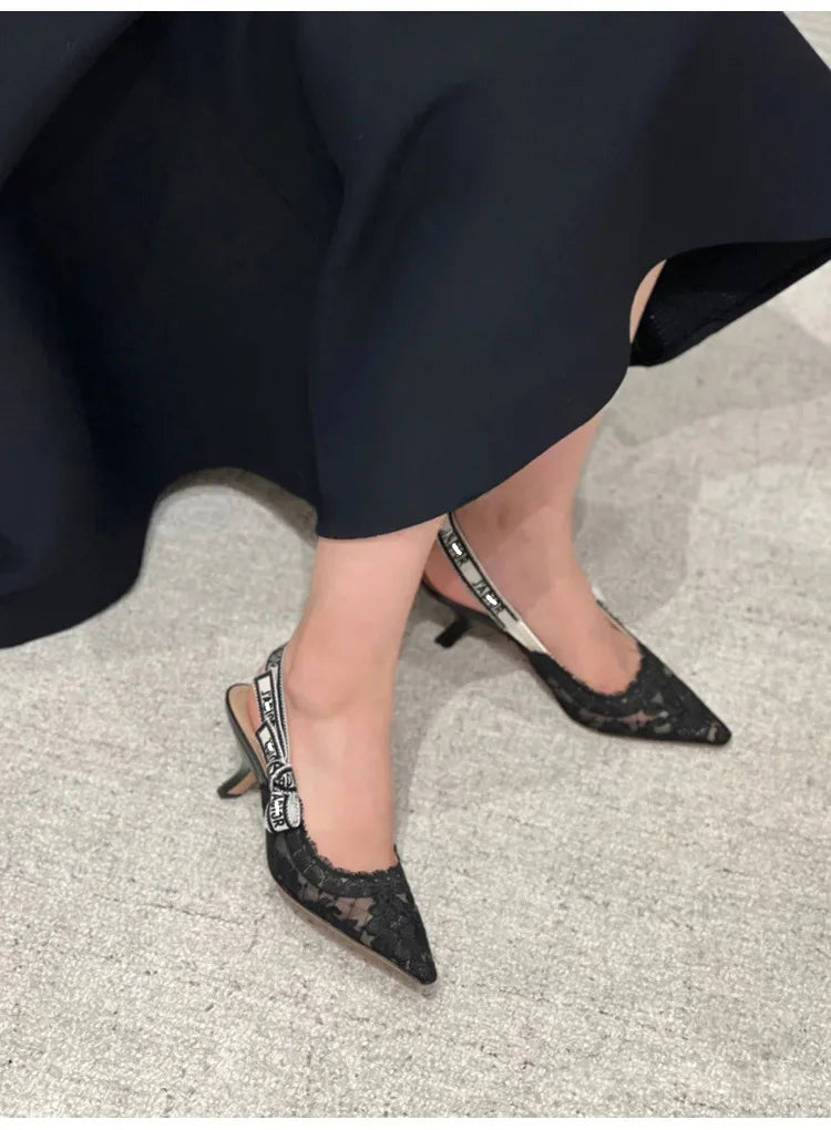 Women Shoes Sexy Stiletto Pointed Toe Transparent Mesh Embroidery Heels, Elastic Strap Evening Footwear for Club Party Occasions