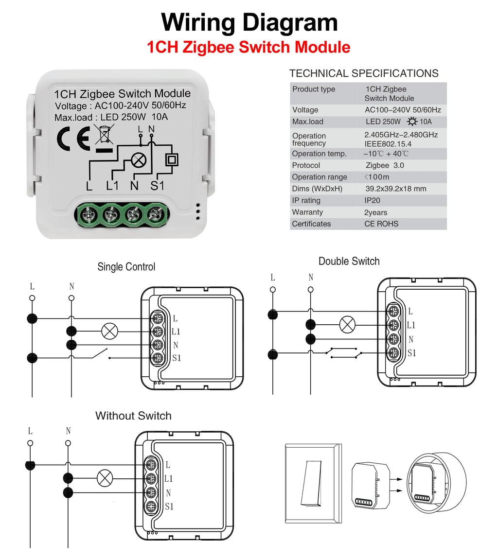 GIRIER Tuya ZigBee 3.0 Switch Module 10A Smart Home DIY Breaker 1 2 3 4 Gang Supports 2 Way Control Works with Alexa Google Home