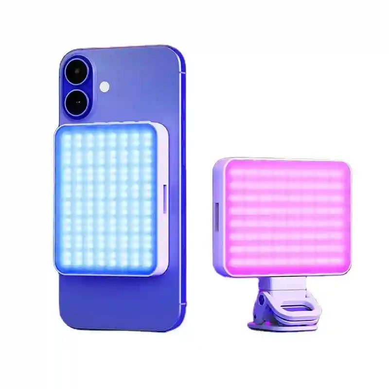 Rectangular LED clip-on selfie light with blue and pink light settings, attached to a smartphone for photography.
