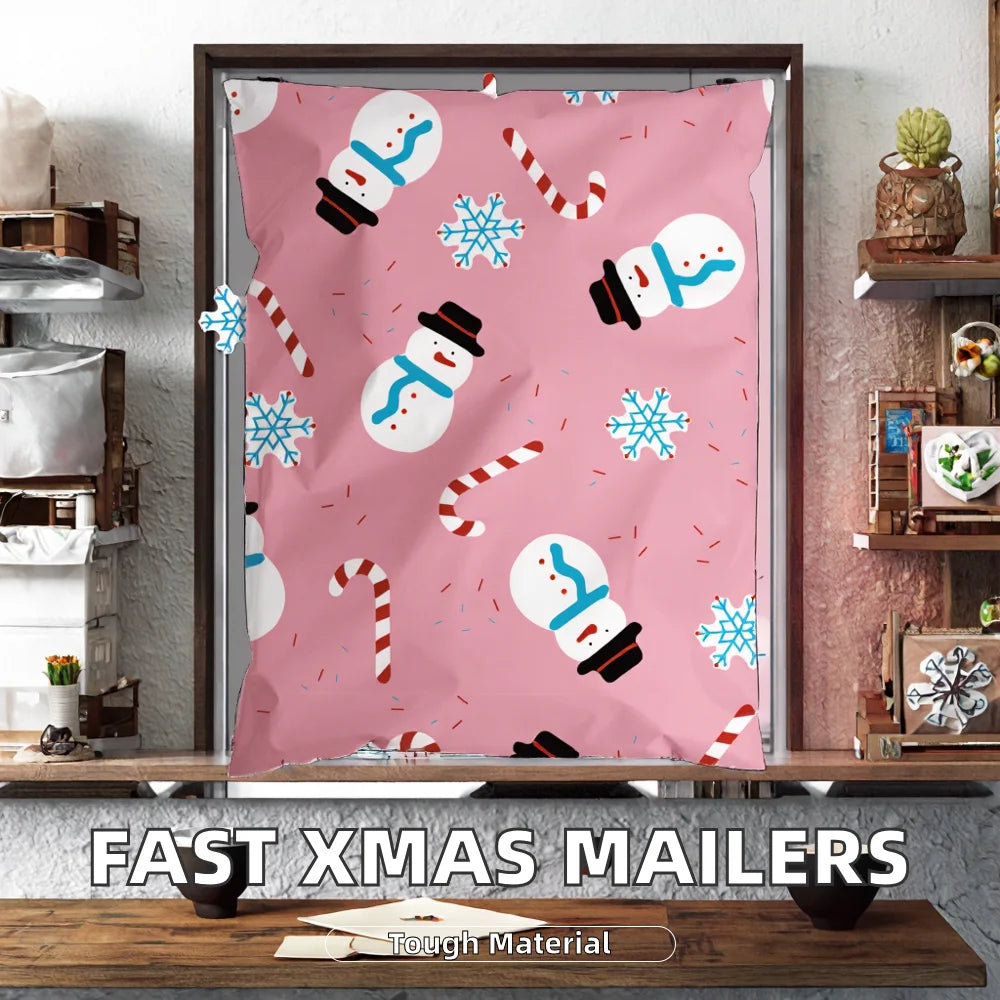 Pink waterproof poly mailer with snowman, candy cane, and snowflake print