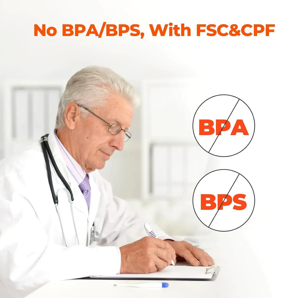 BPA/BPS-free sticker material certification shown with doctor writing on paperwork